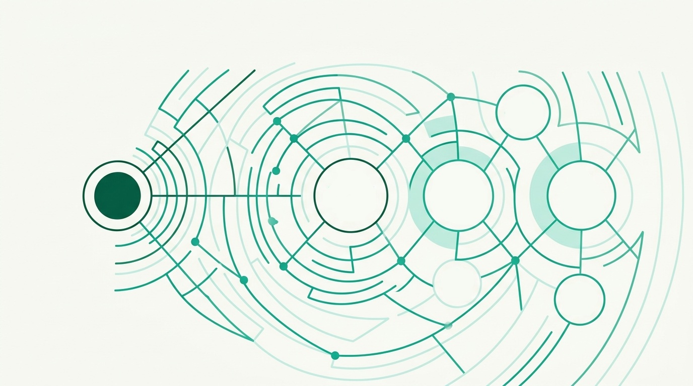 A semi-flat vector illustration showing a network expanding in concentric ripples across an off-white background, connecting symbols for diverse public services including healthcare and emergency response.