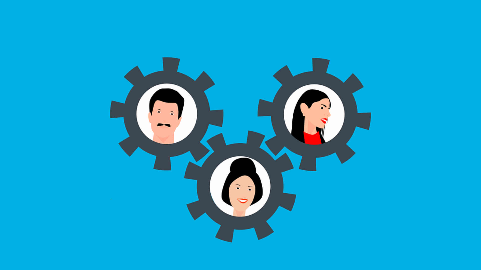 Three cogs with people's faces inside